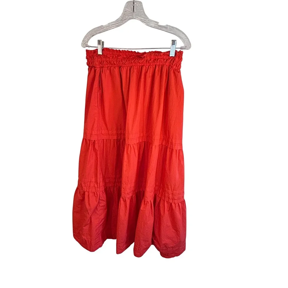 Quince Resort Boho Tiered Cotton Poplin Maxi Skirt Smocked Waist Pocket Coral M